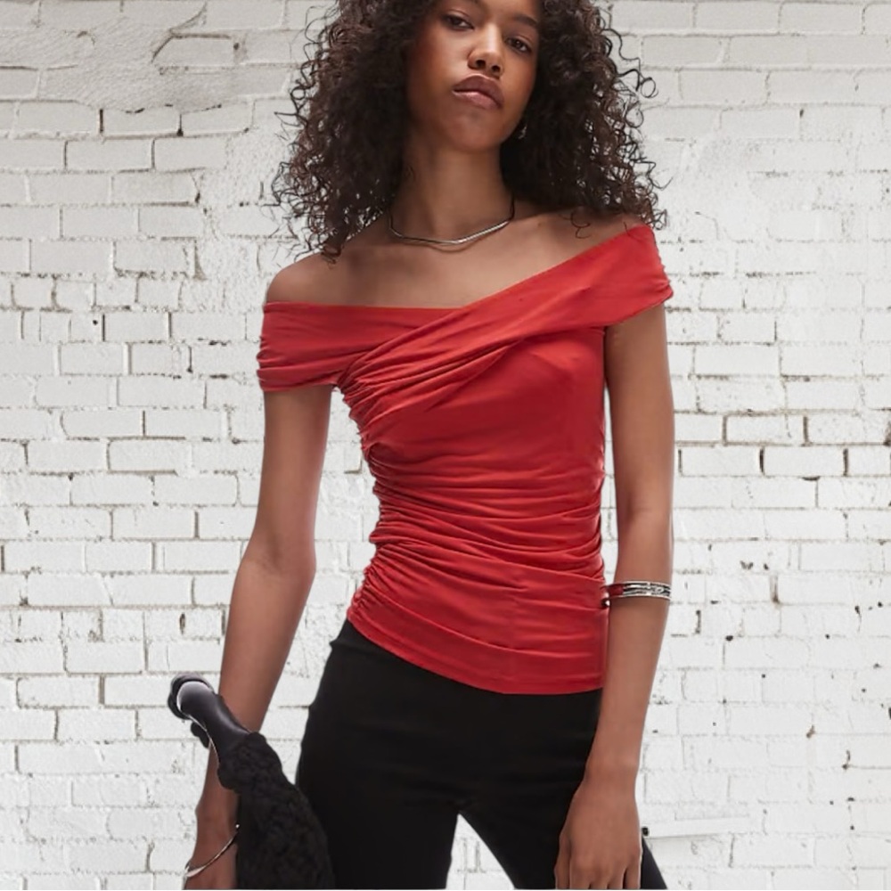 Topshop Bardot Wrap Top Red 8–10 NWT Off Shoulder Wrap Date Night Style - Picture 3 of 10